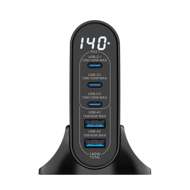 Rixus RX140 140W GaN Power Adapter With Digital Display Black