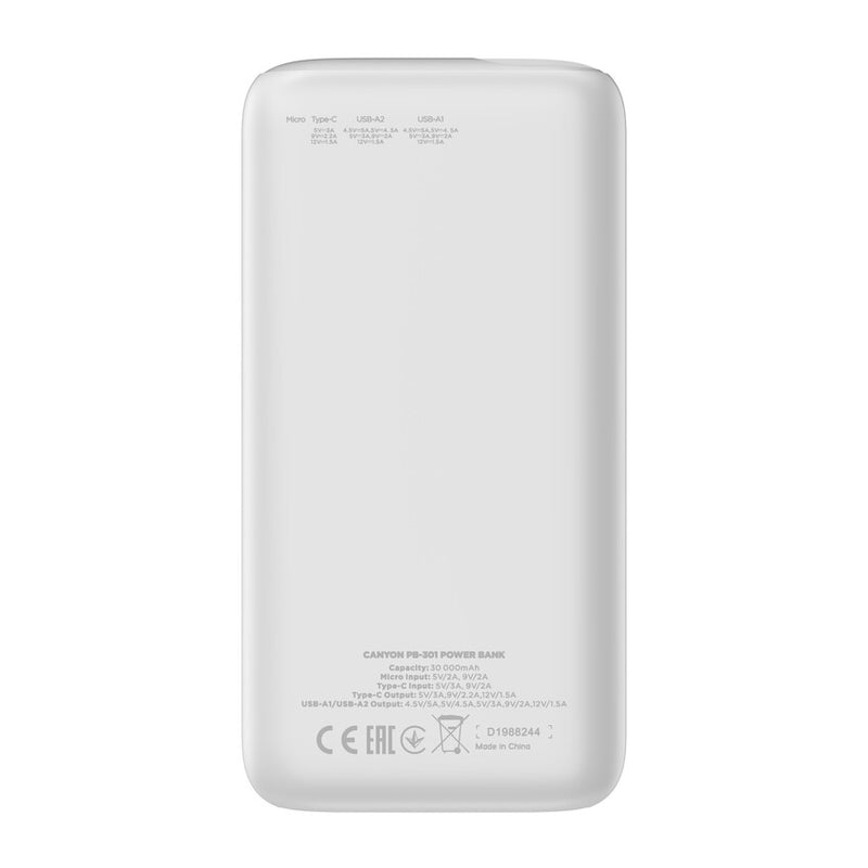 Canyon Powerbank PB-301 USB-C PD, USB-A 30000mAh White