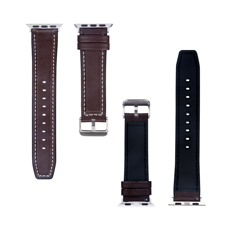 For Apple Watch 42mm, 44mm, 45mm, 49mm Silicone and Leather Band Glossy Dark Brown Retail Box