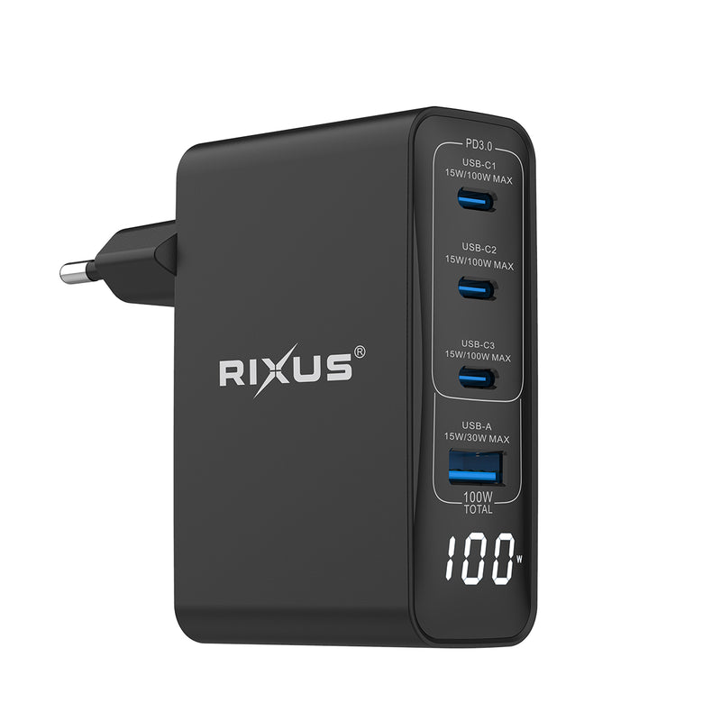 Rixus RX100 100W GaN Power Adapter With Digital Display Black