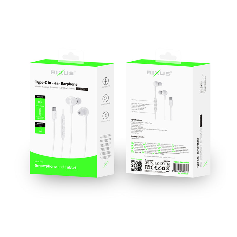 Rixus RXHD56CW USB C Wired Earbud Type Headphone With Microphone White