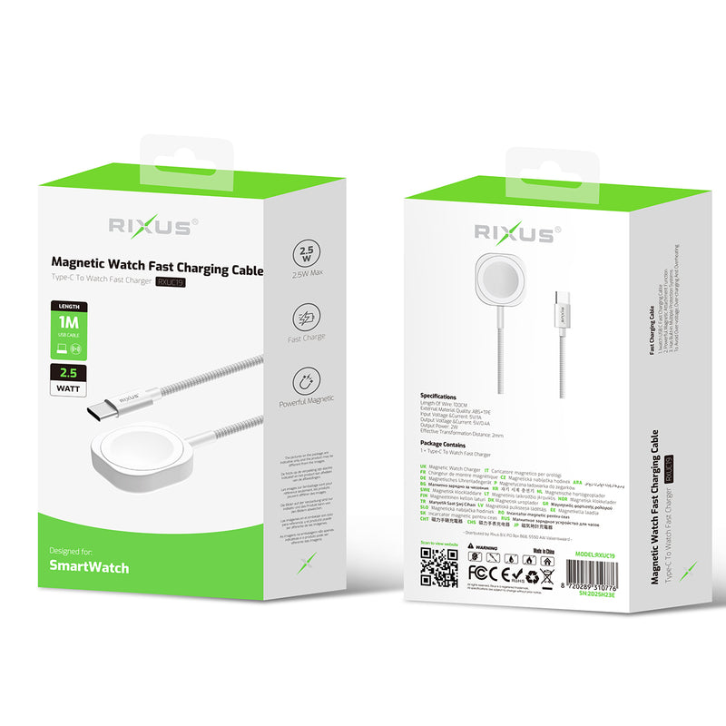 Rixus RXUC19 Magnetic Watch Fast Charging Cable 100CM White