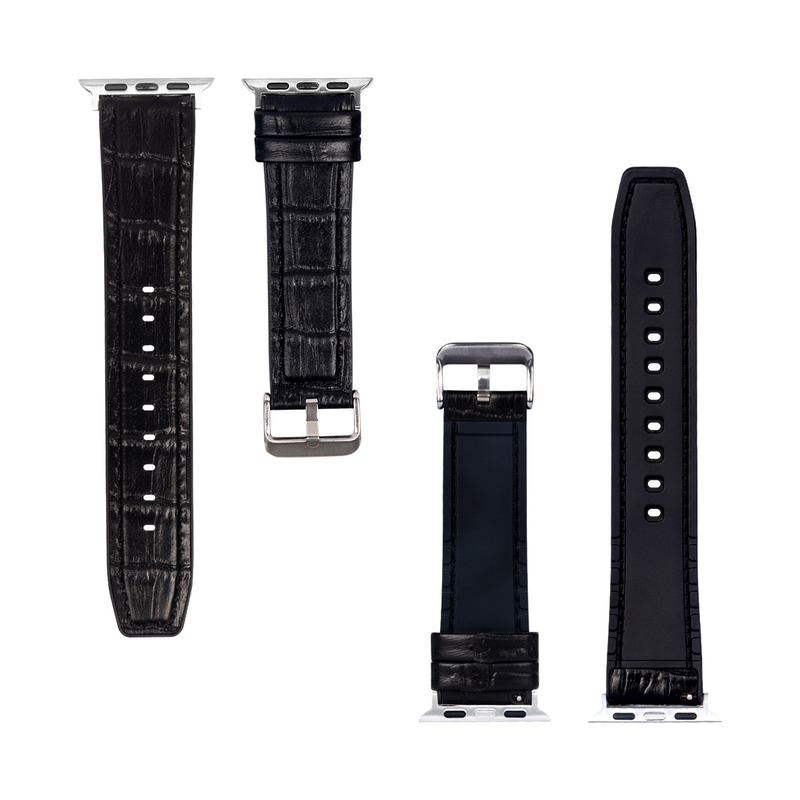 Para Apple Reloj 42mm, 44mm, 45mm, 49mm Silicona y Piel Correa Alligator Grain Negro Caja Minorista