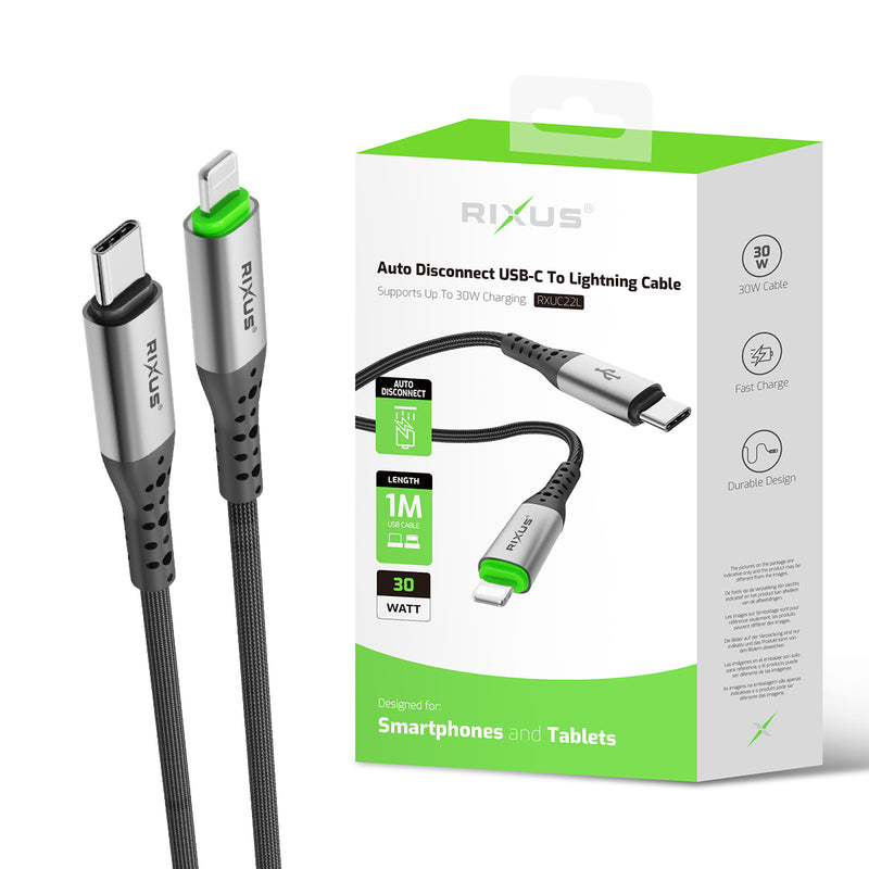 Rixus RXUC22L Auto Disconnect USB-C To Lightning Cable Black