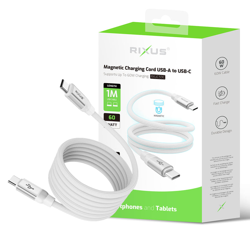 Rixus RXUC59C Magnetic Charging Cord USB-C To USB-C 100CM 60W White