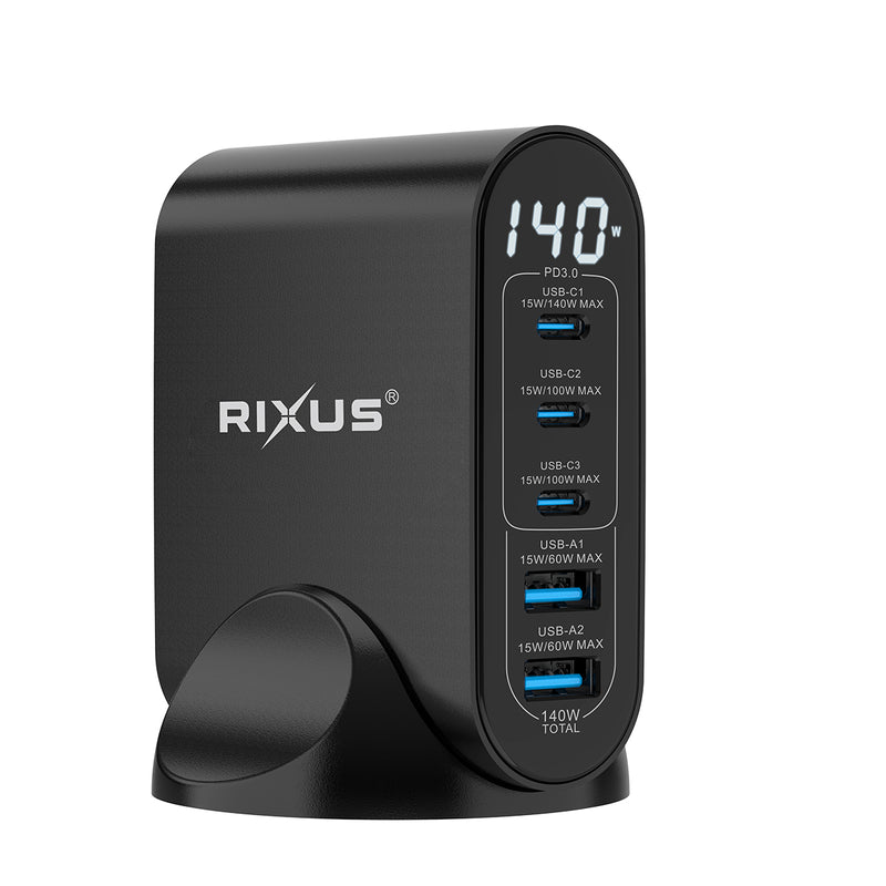 Rixus RX140 140W GaN Power Adapter With Digital Display Black