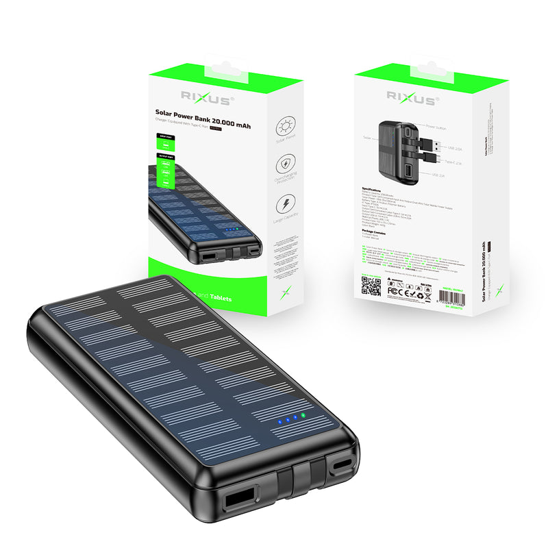 Rixus RXPB47 Solar Powerbank 20.000 mAh With Built-in Cables Black