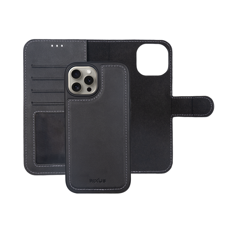 Rixus For iPhone 15 Pro Duo Magnetic Detachable Wallet Noir