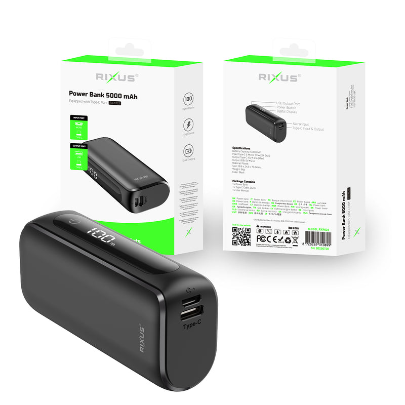 Rixus RXPB23 Compact Powerbank Digital Display 5000mAh Black