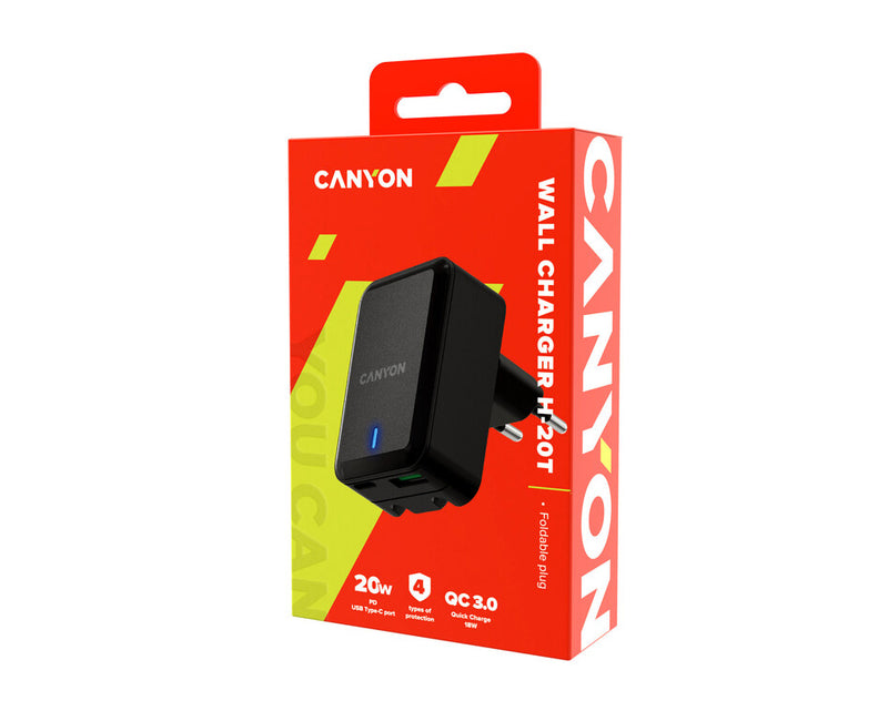 Canyon Cargador de pared plegable H-20T USB-C y OC 3.0 Negro