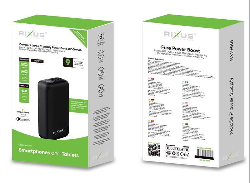 Rixus RXPB62 22.5W Super Fast Power Bank 30.000mAh 2USB+1PD OutPut Negro