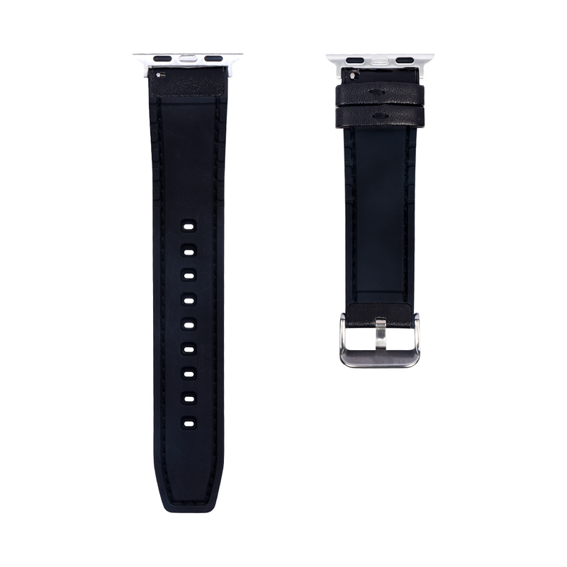 Pour Apple Watch 38mm, 40mm, 41mm Bracelet en silicone et cuir noir brillant Boîte de vente au détail