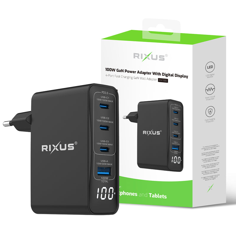 Rixus RX100 100W GaN Power Adapter With Digital Display Black