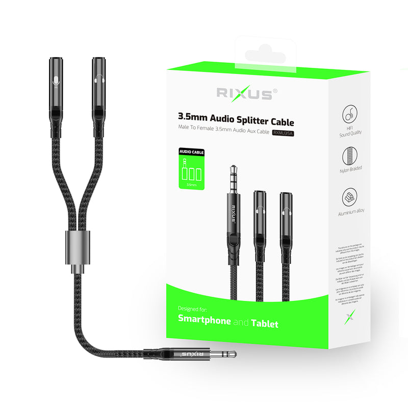 Rixus RXMU35A Adaptador Divisor de Auriculares Separados con Jack de 3,5 mm 30cm Negro