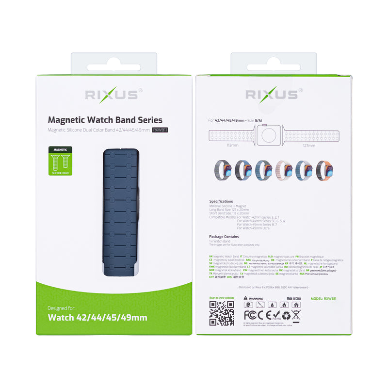 Rixus For Apple Watch 42mm, 44mm, 45mm, 49mm Silicone Band With Magnetic Blue + Midnight