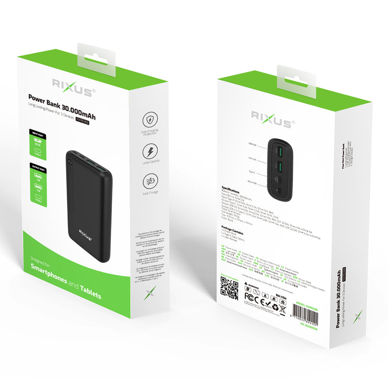 Rixus RXPB38B Banque d'alimentation haute capacité 30.000mAh Noir