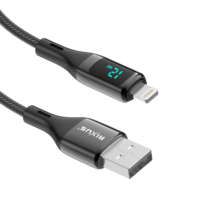 Rixus RXUC28AL Braided USB To Lightning Cable With LED Display 100CM Black