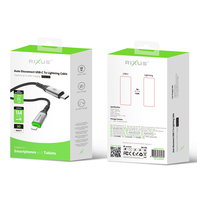 Rixus RXUC22L Auto Disconnect USB-C To Lightning Cable Black