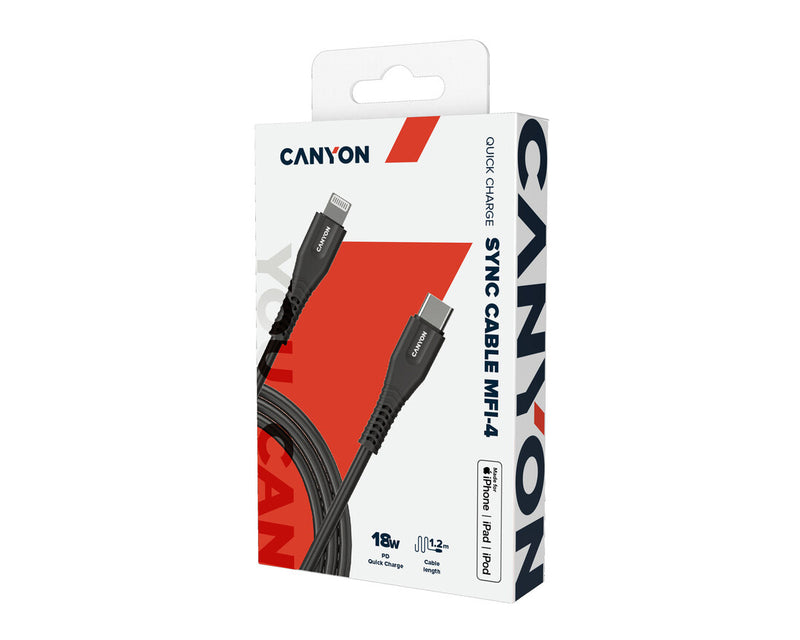Canyon MFI-4 Câble Lightning vers USB-C 18W 1,2 Mtr Noir