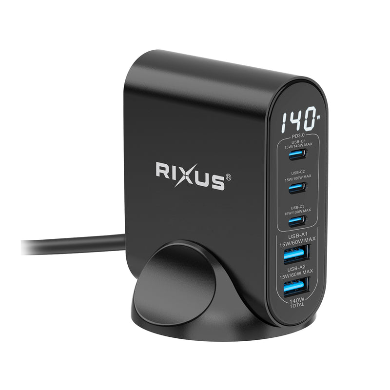 Rixus RX140 140W GaN Power Adapter With Digital Display Black