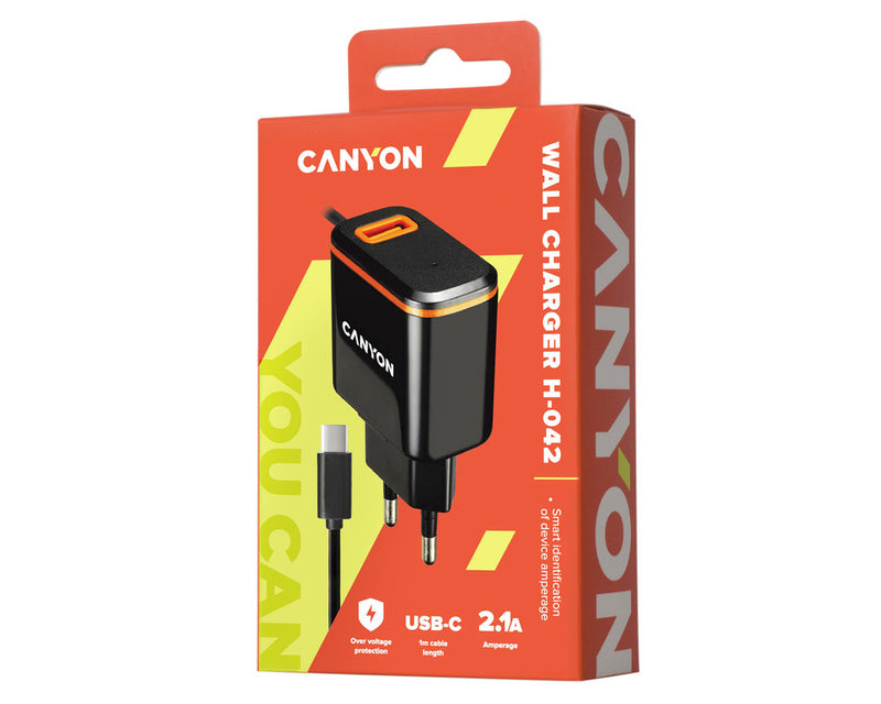 Canyon Cargador de pared H-042 USB-A2.1A + USB-C Negro Naranja